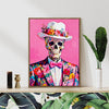 light oak color frame wall art canvas depicts skeleton in a suit