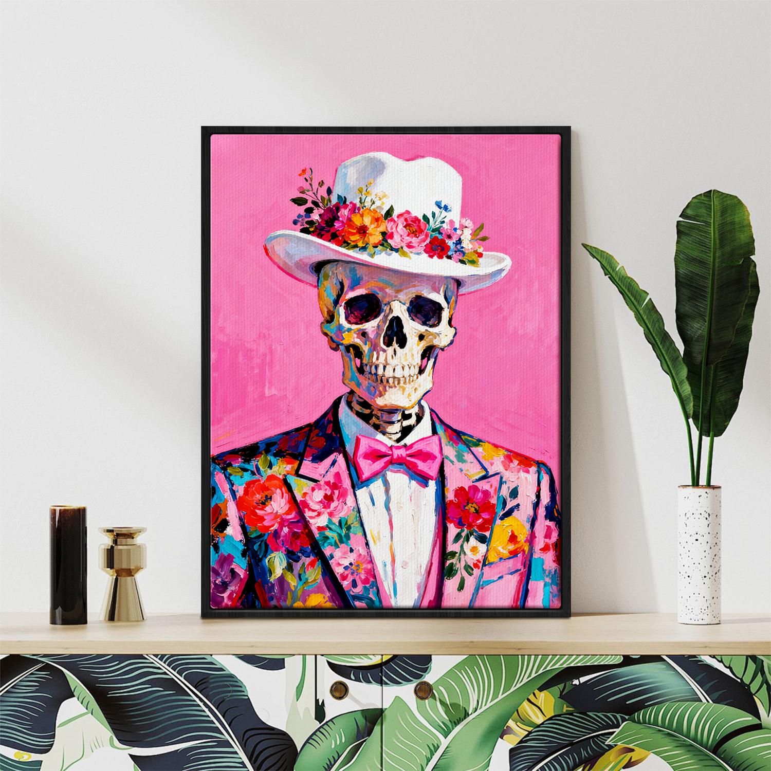 black frame wall art canvas depicts skeleton in a suit