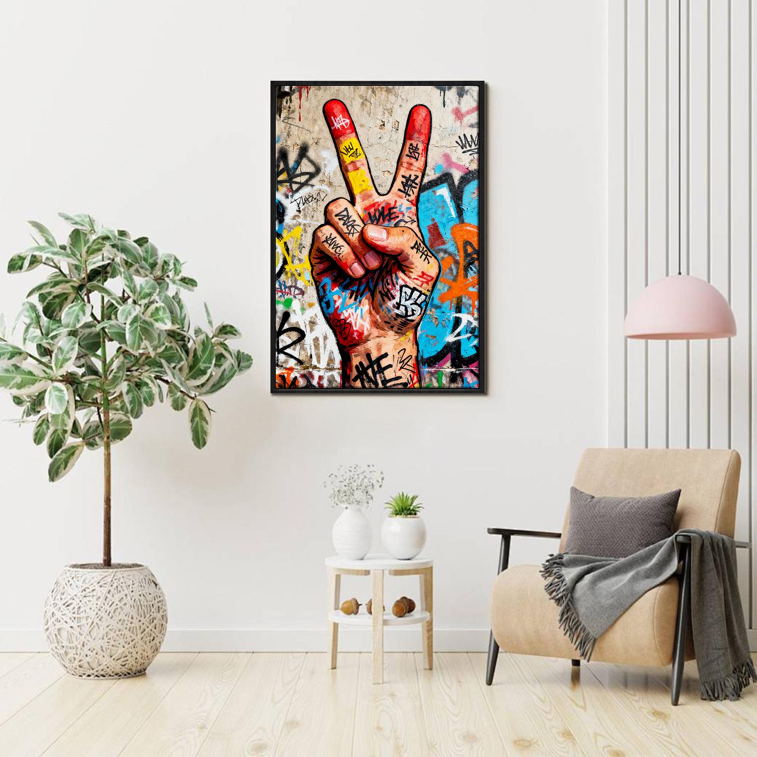 black frame wall art painting victory gesture hang on the wall
