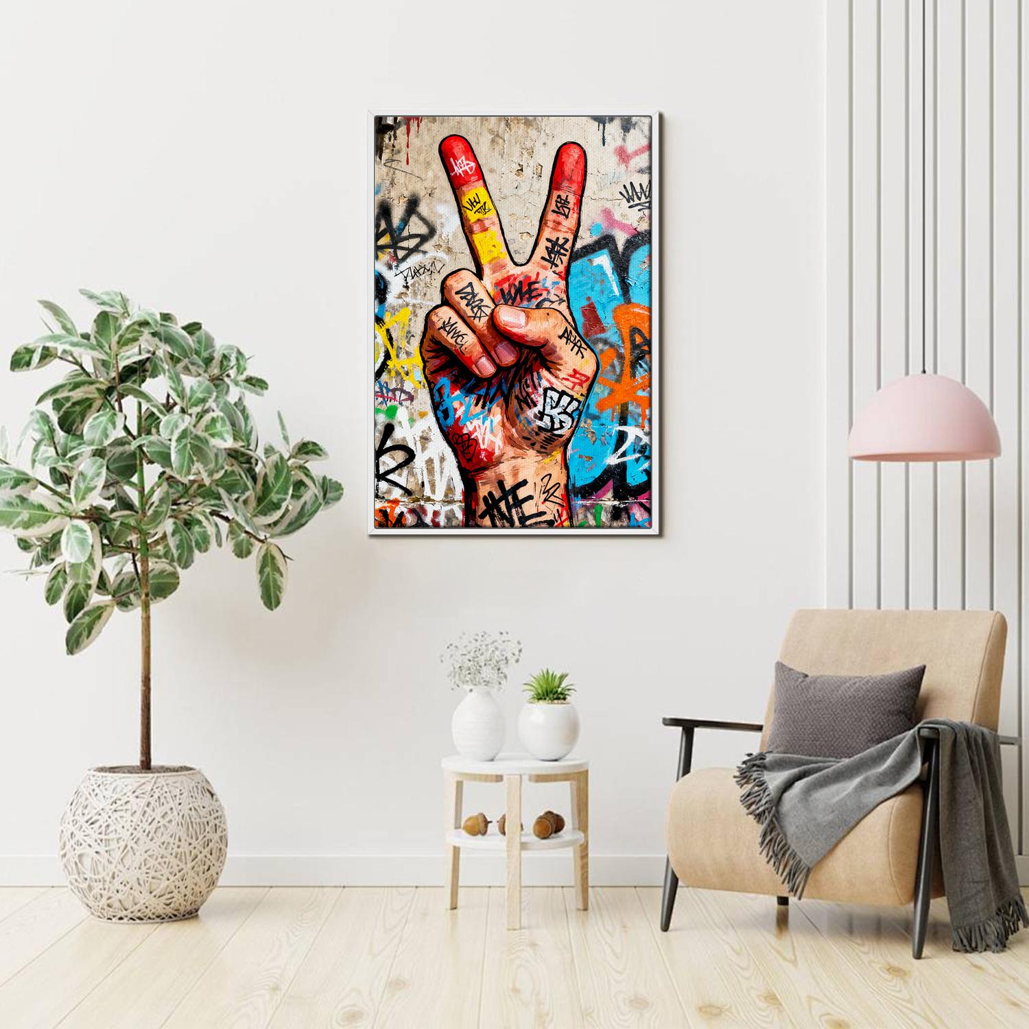 white frame wall art painting victory gesture hang on the wall
