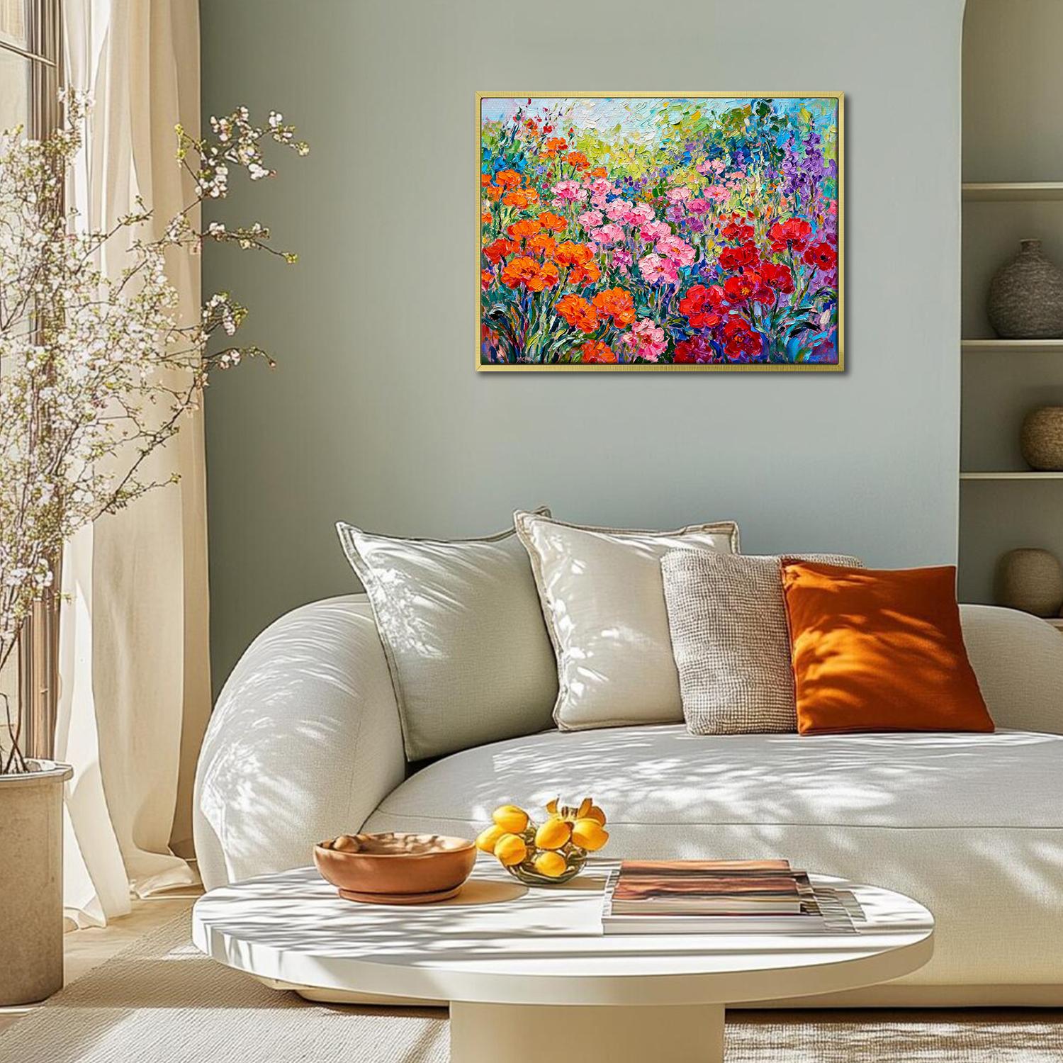 gold frame wall art canvas painting depicts a colorful sea of flowers