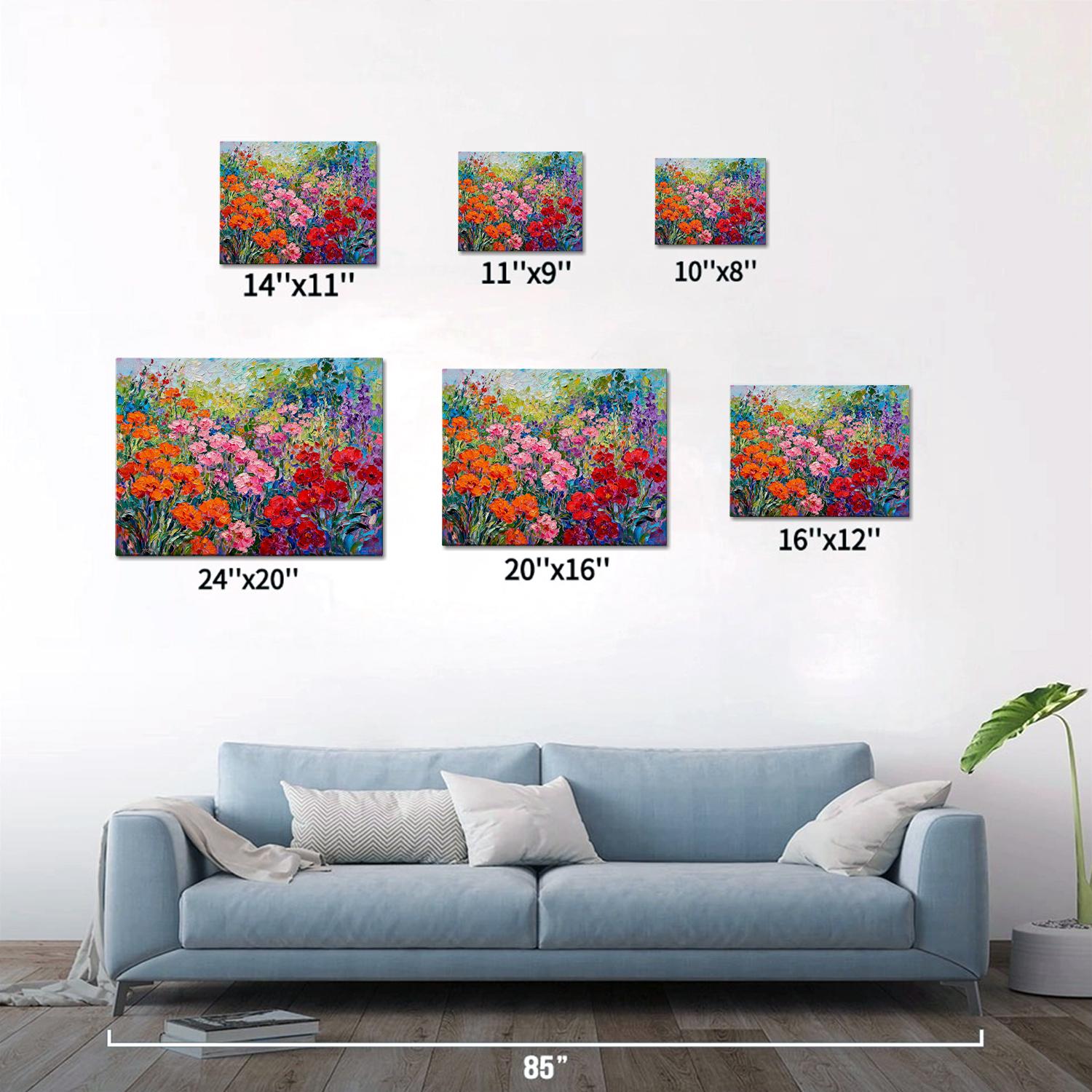 different size wall art canvas painting depicts a colorful sea of flowers