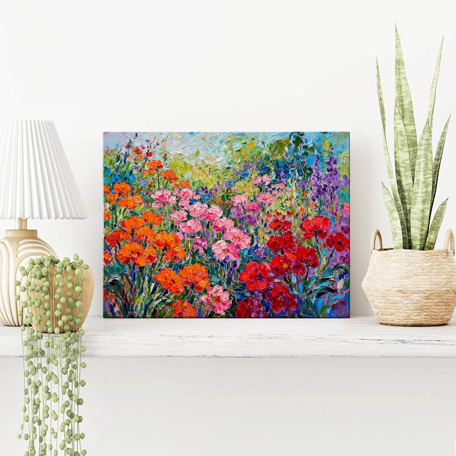 wall art canvas painting on the table depicts a colorful sea of flowers