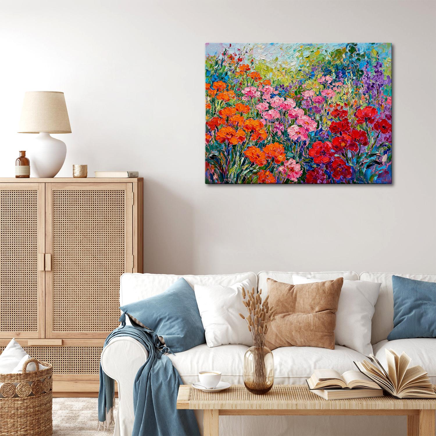 wall art canvas painting in the living room depicts a colorful sea of flowers