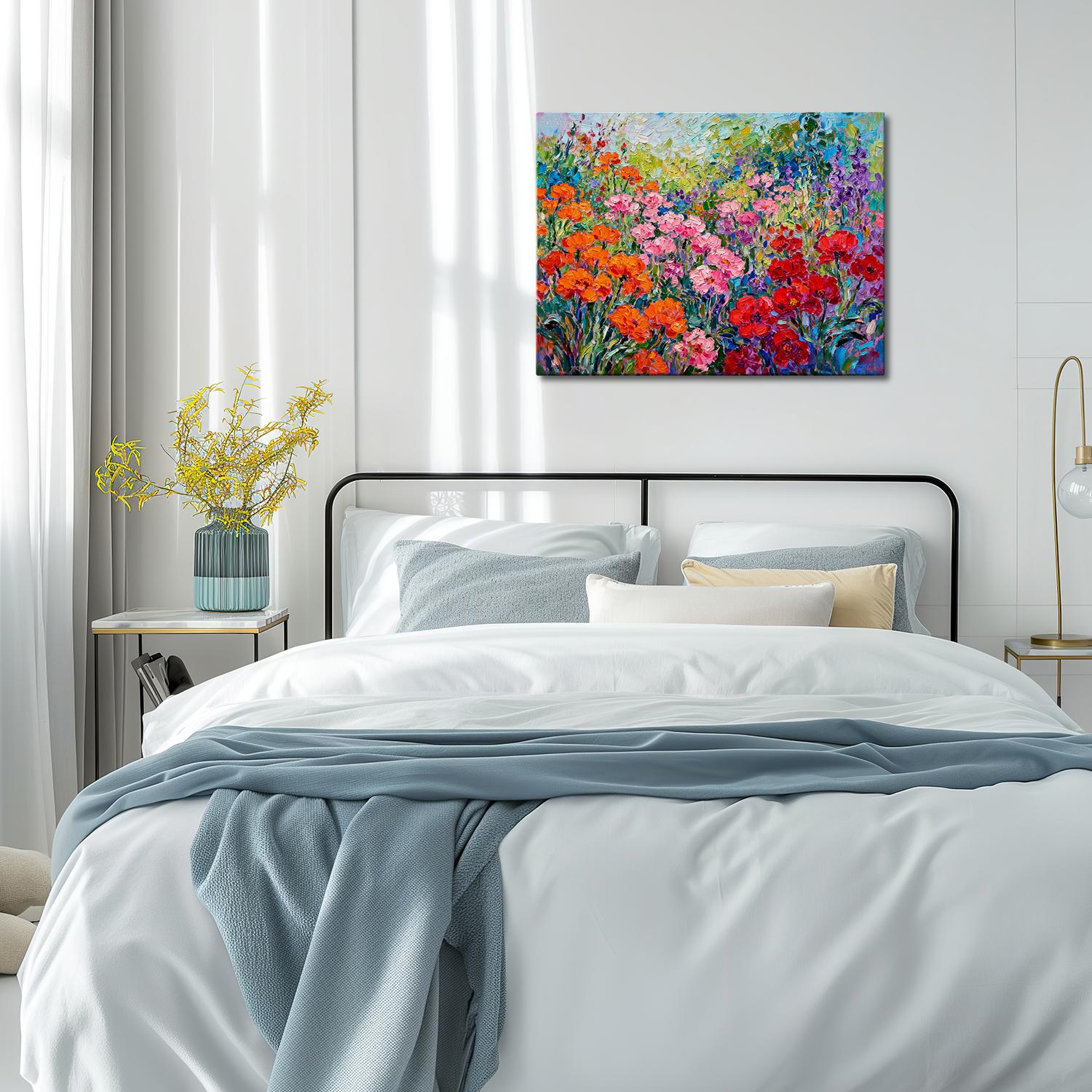 wall art canvas painting in the bedroom depicts a colorful sea of flowers