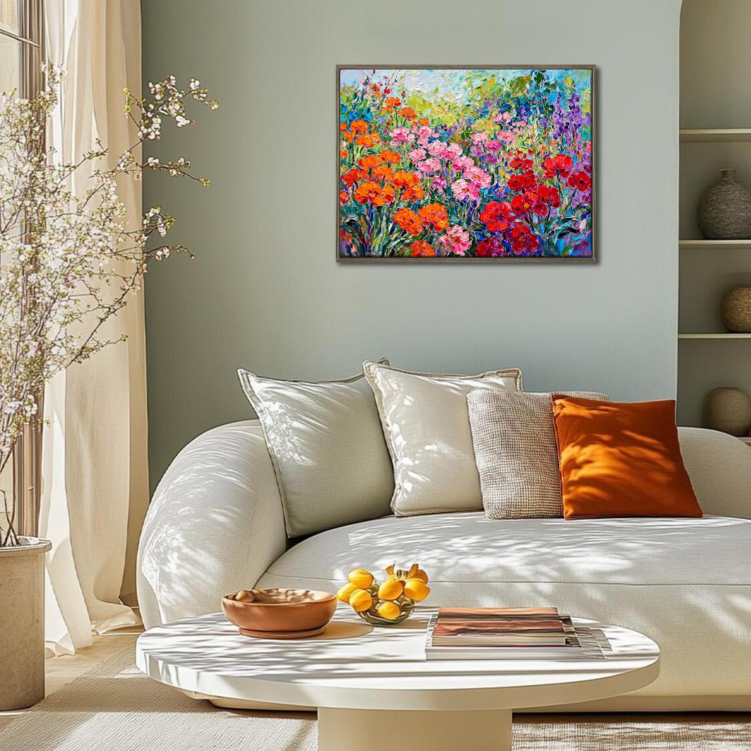 coffee frame wall art canvas painting depicts a colorful sea of flowers