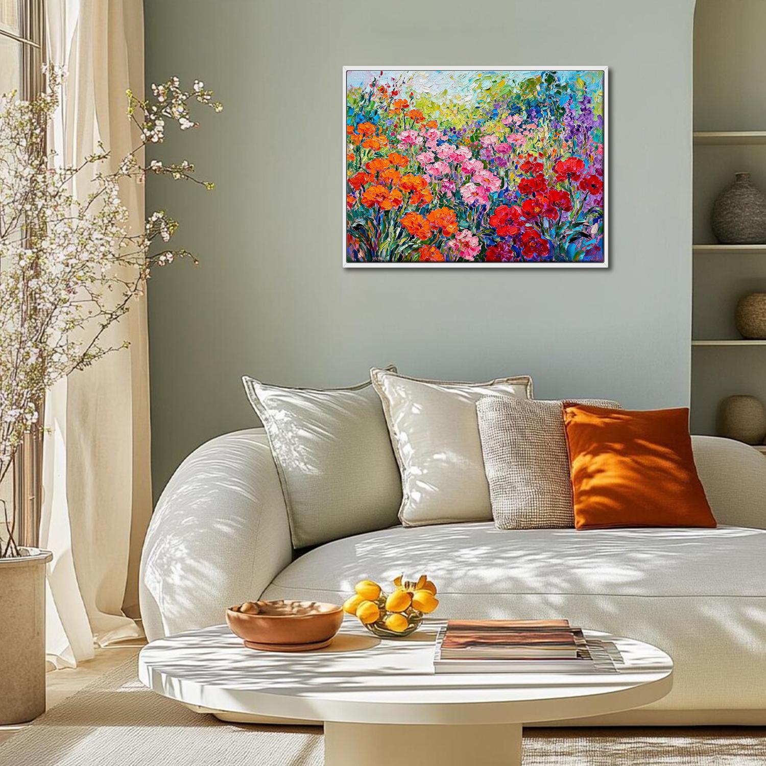 white frame wall art canvas painting depicts a colorful sea of flowers