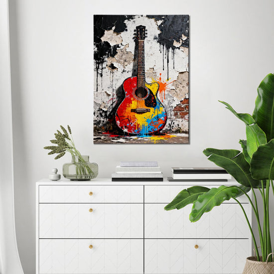 wall art canvas abstract colored guitar above the table