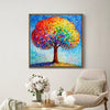 light oak color frame wall art painting shows a colorful rainbow tree