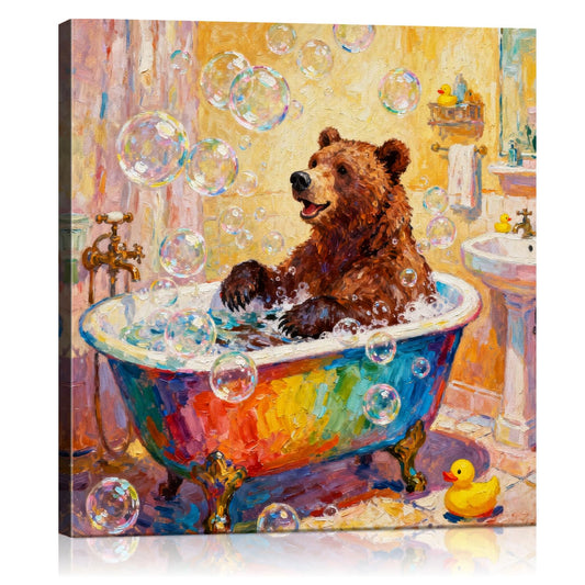 wall art canvas depicts a brown bear taking a bath in a colorful bathtub