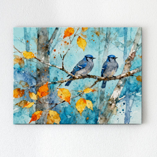 wall art canvas showing two bluebirds perched on a branch.
