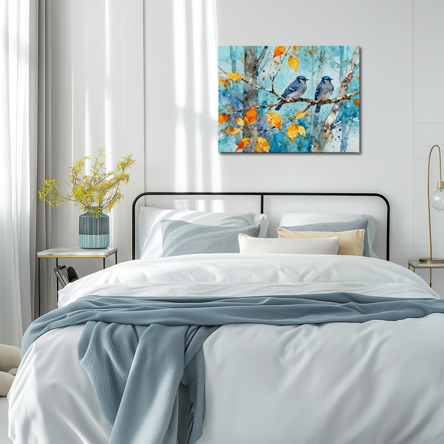 wall art canvas in the bedroom showing two bluebirds perched on a branch