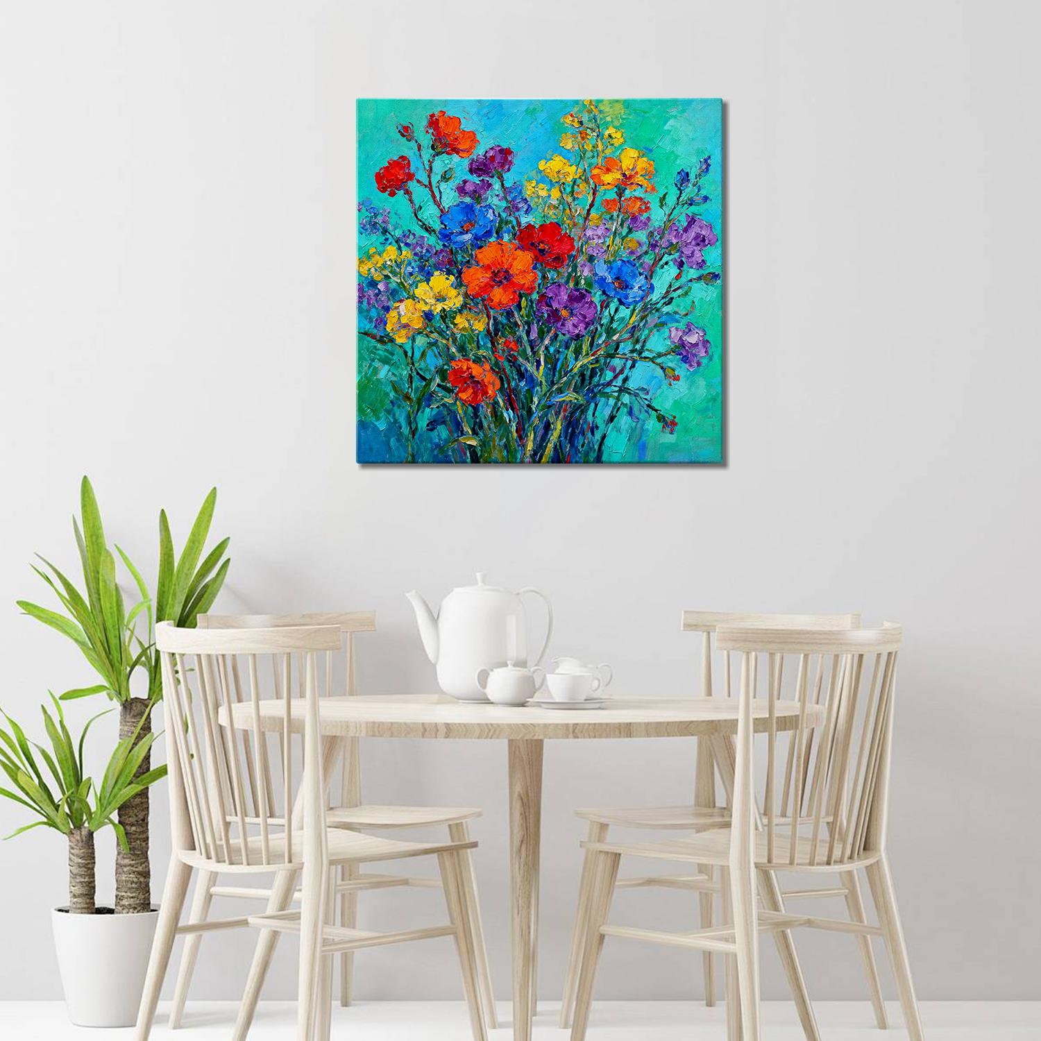 living room wall art canvas painting depicts a gorgeous and colorful bouquet of flowers.