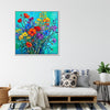 white frame wall art canvas painting depicts a gorgeous and colorful bouquet of flowers.