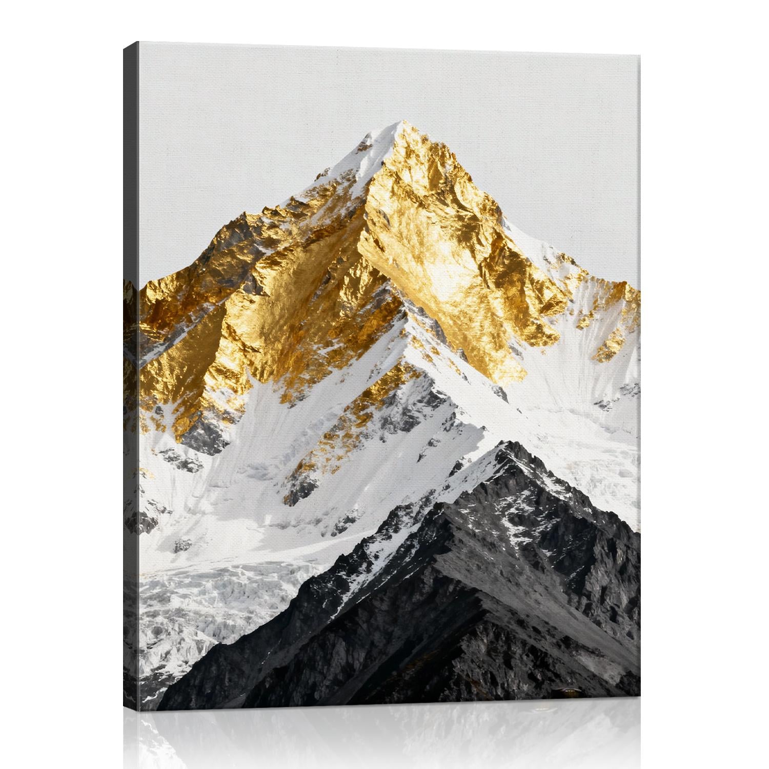 wall art canvas shows a snowy mountain with its summit covered in gold