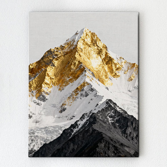 wall art canvas shows a snowy mountain with its summit covered in gold
