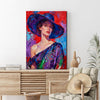 wall art painting of a lady's portrait hanging on a white wall in a room