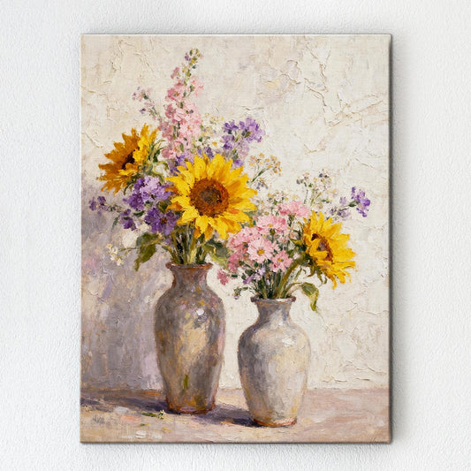 wall art canvas depicts two vases filled with colorful flowers