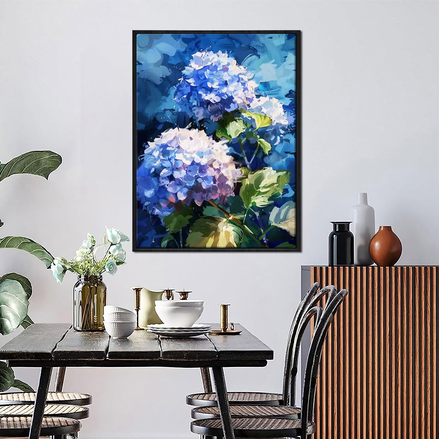 A black frame hydrangea wall art painting in the dining room
