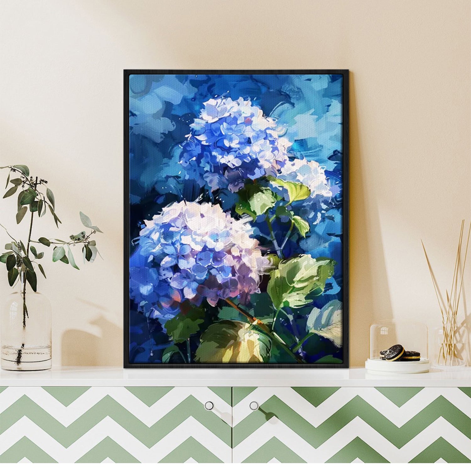A black frame hydrangea wall art painting on the table