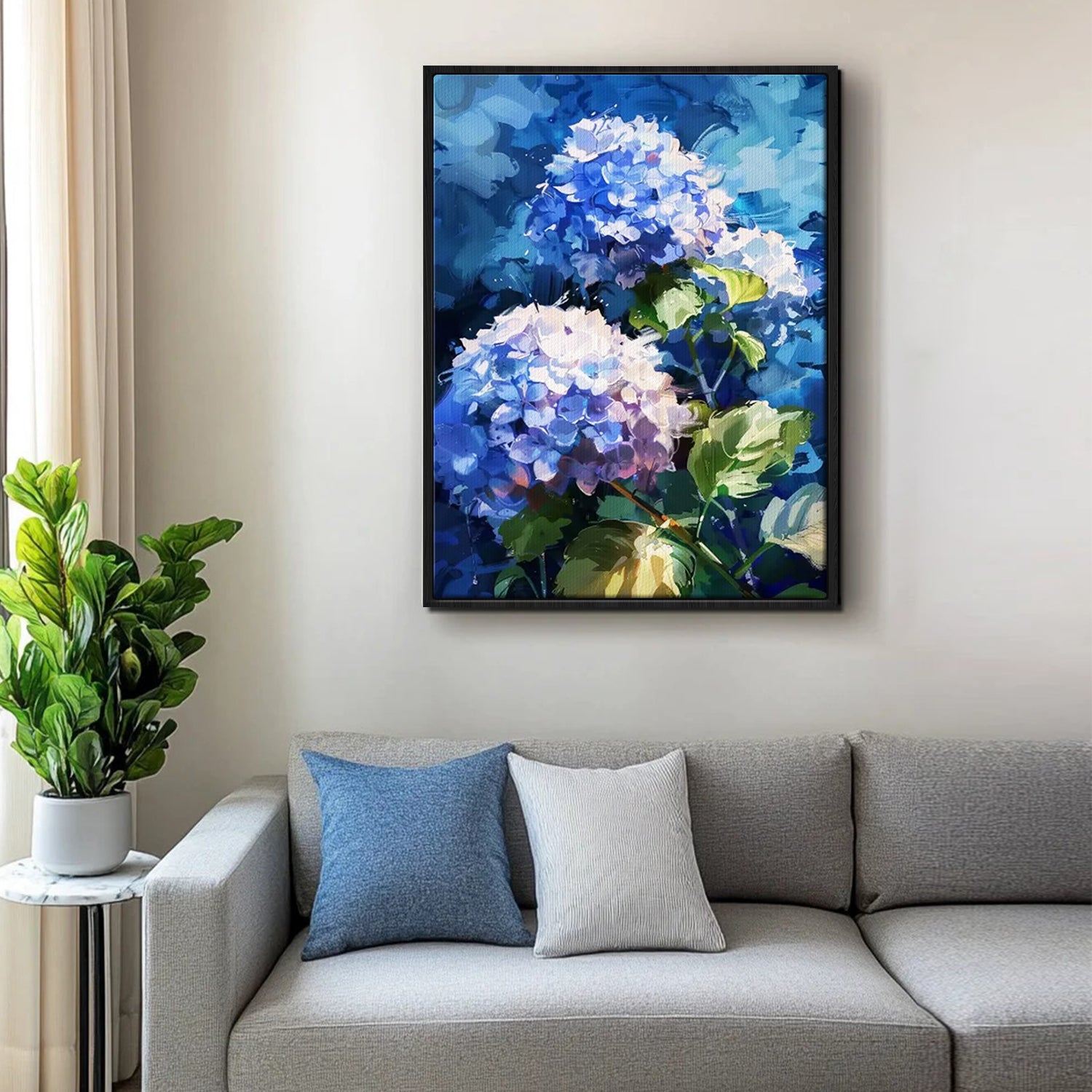A black frame hydrangea wall art painting in the living room