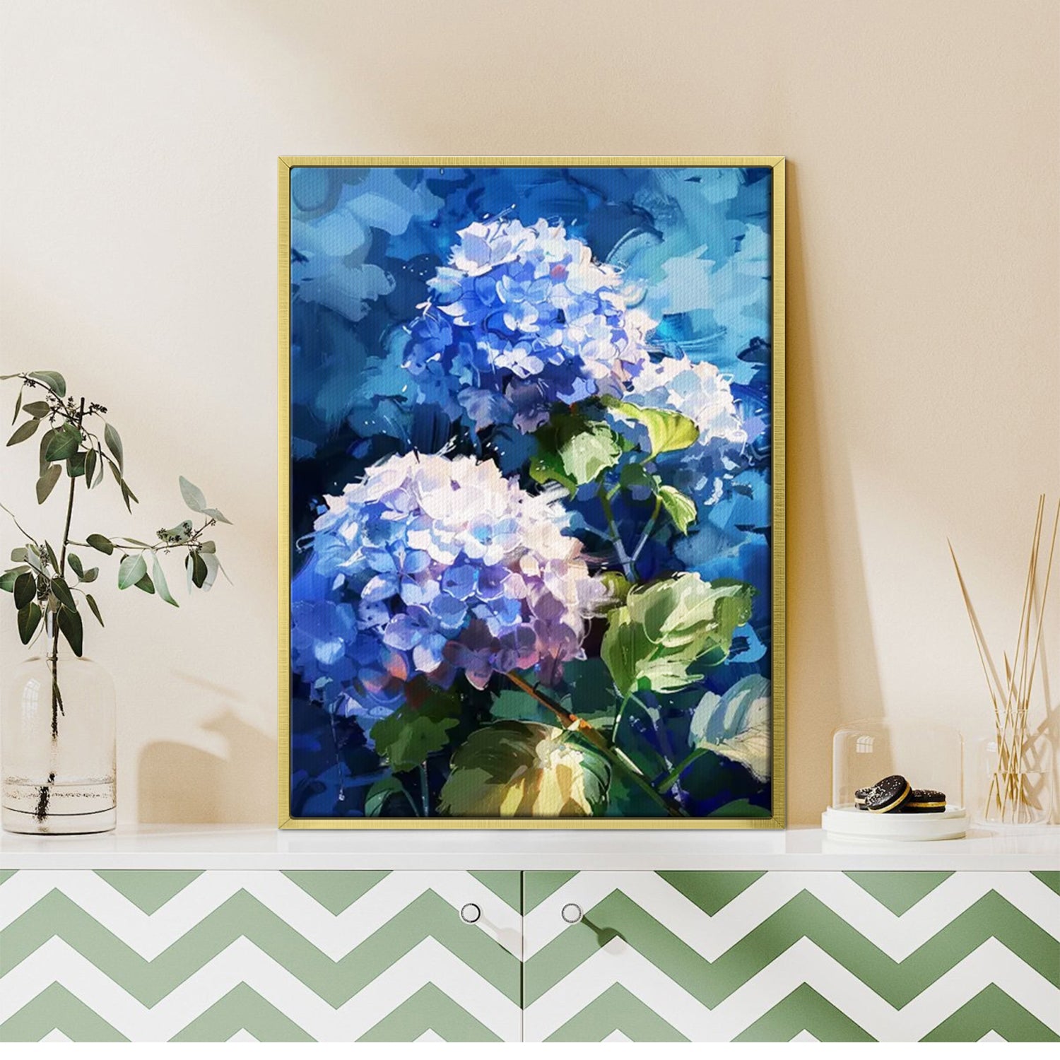gold frame hydrangea wall art canvas on the table