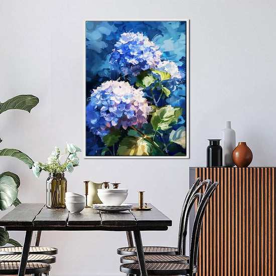 a white frame hydrangea wall art painting next to the dining table