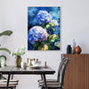 a white frame hydrangea wall art painting next to the dining table