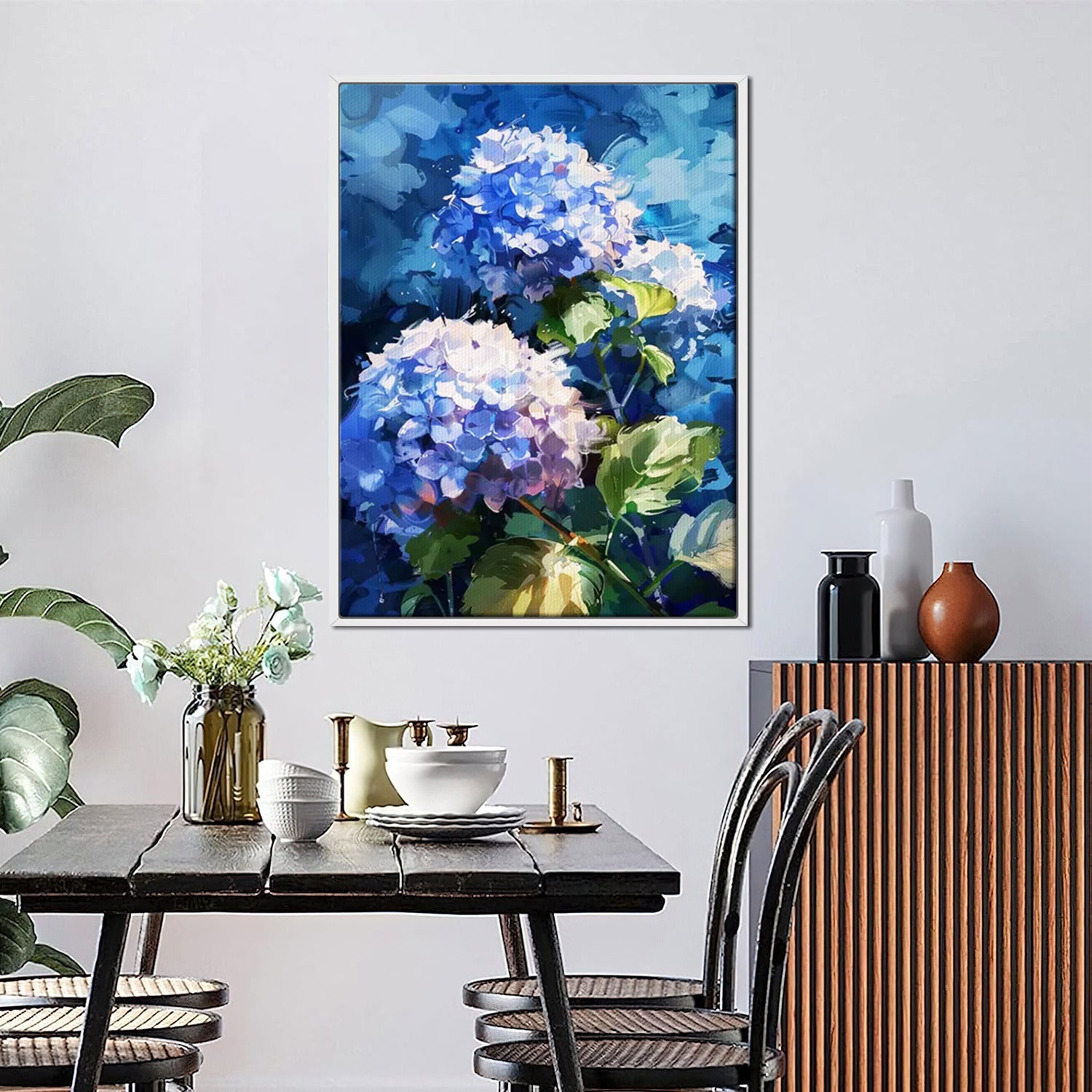a white frame hydrangea wall art painting next to the dining table