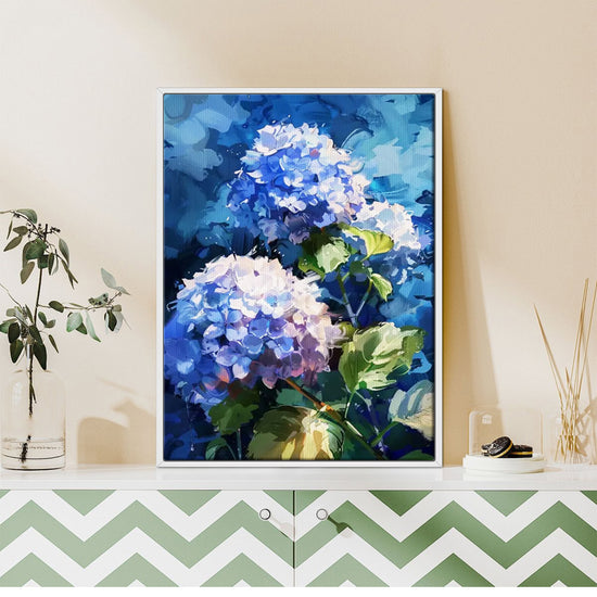 a white frame hydrangea wall art painting  on the table