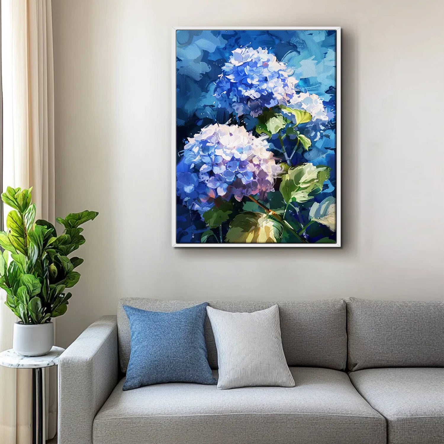 a white frame hydrangea wall art painting above the sofa