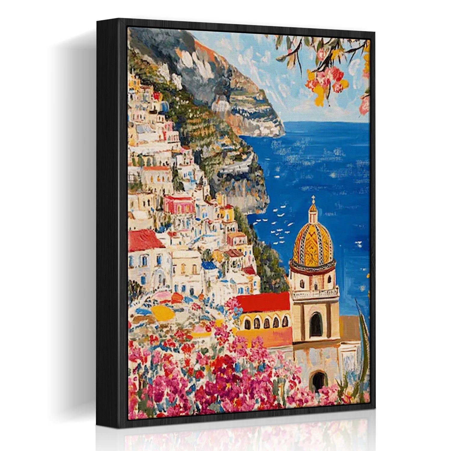 black frame seaside town scenery wall art canvas