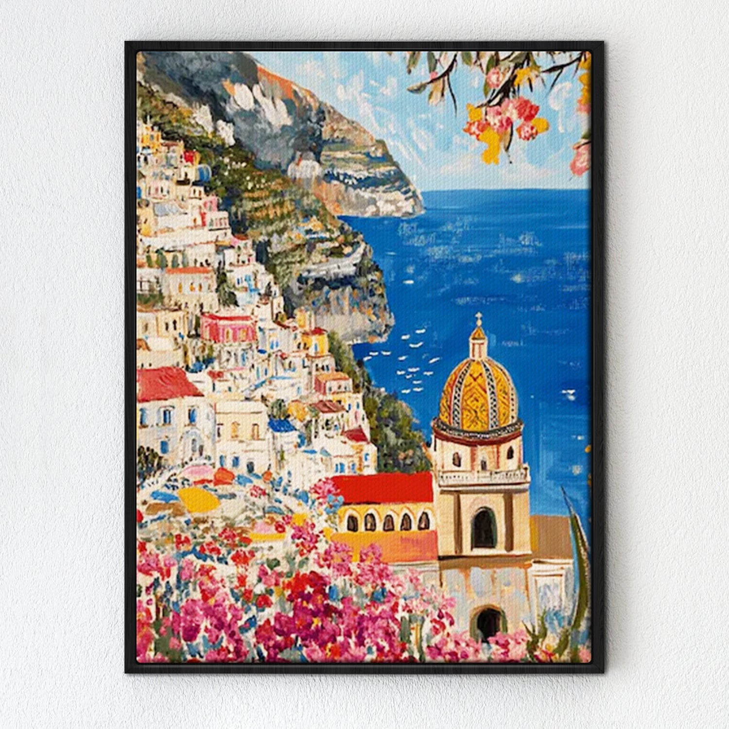 black frame seaside town scenery wall art painting 