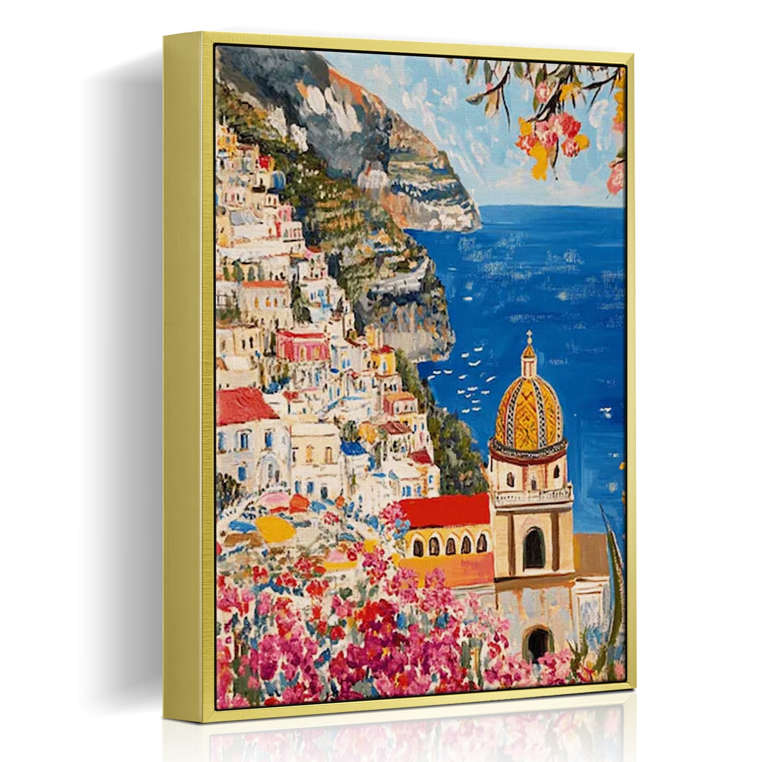 gold frame seaside town scenery wall art painting