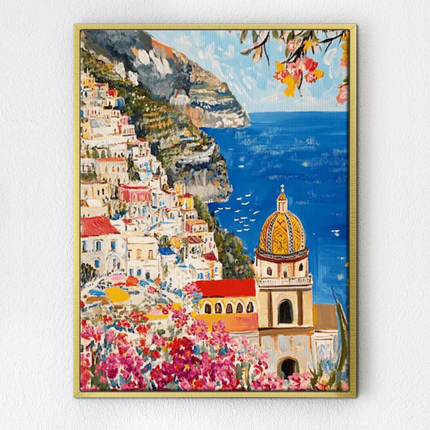 gold frame seaside town scenery wall art painting