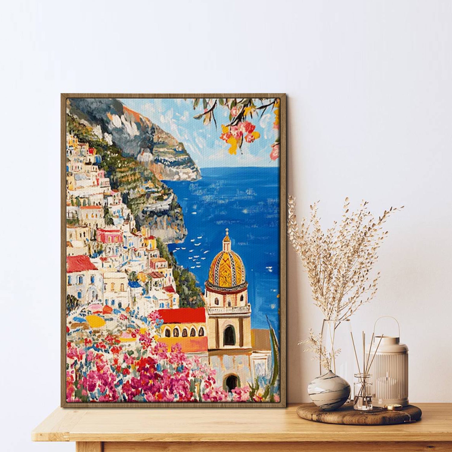 light oak frame seaside town scenery wall art painting on the table