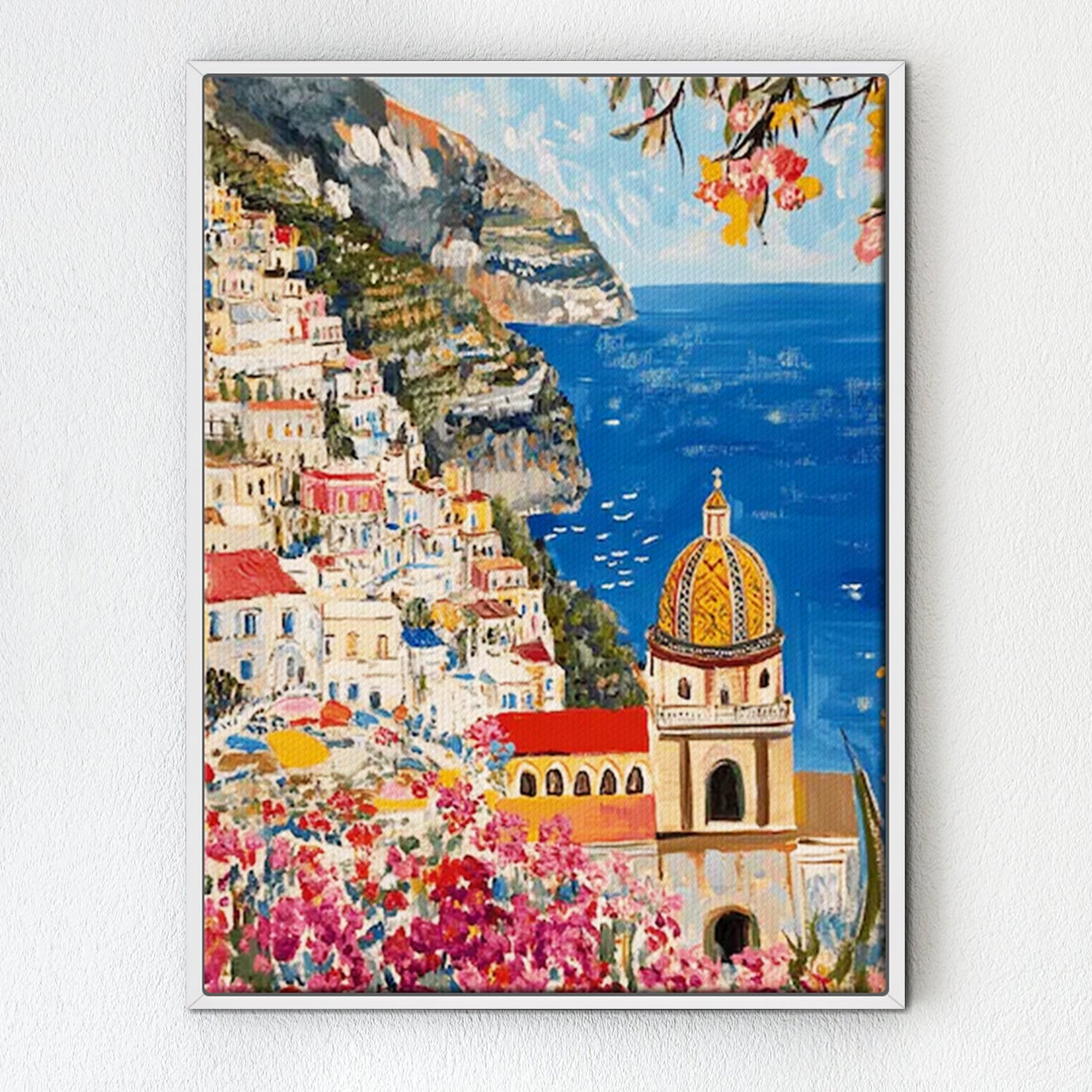 white frame seaside town scenery wall art painting 