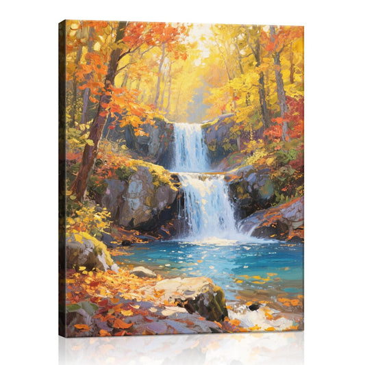 wall art canvas painting depicting the beauty of a waterfall flowing through a colorful forest in autumn