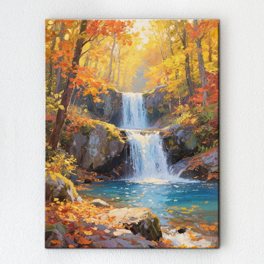 wall art canvas painting depicting the beauty of a waterfall flowing through a colorful forest in autumn.
