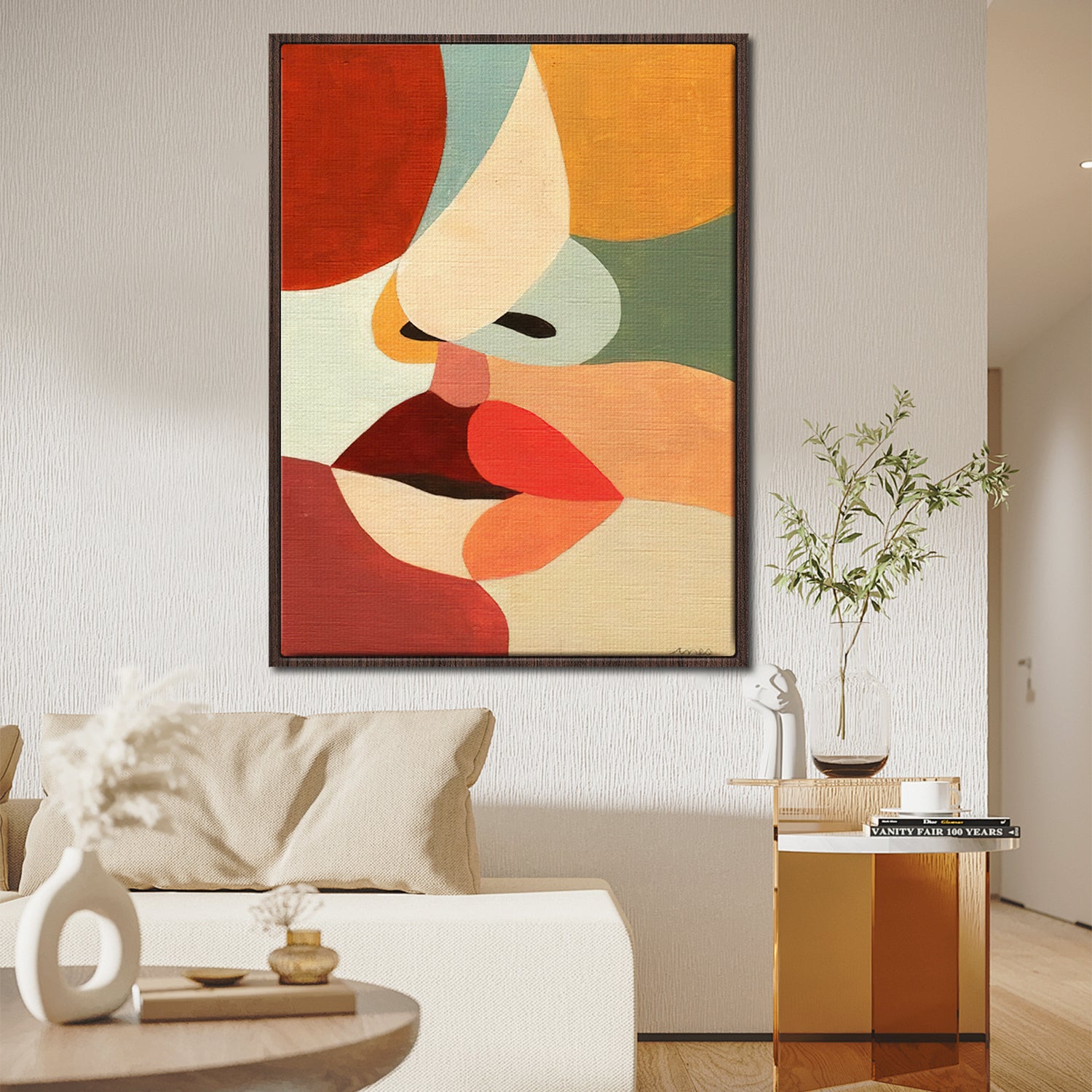 wall art canvas,abstract woman face painting, brown frame,living room decor