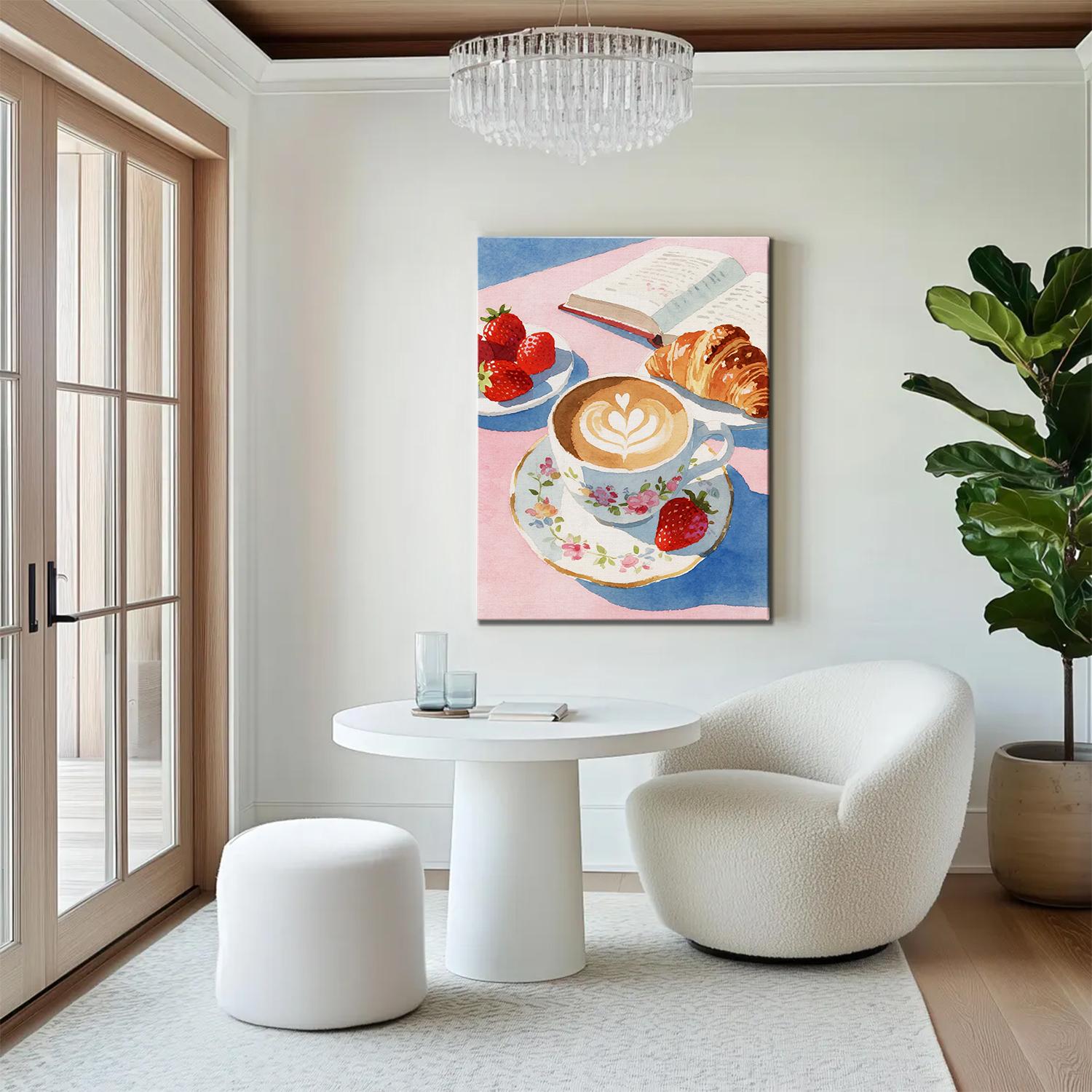 wall art canvas painting in the living room depicts a cozy scene with latte art coffee, strawberries, croissants and an open book.