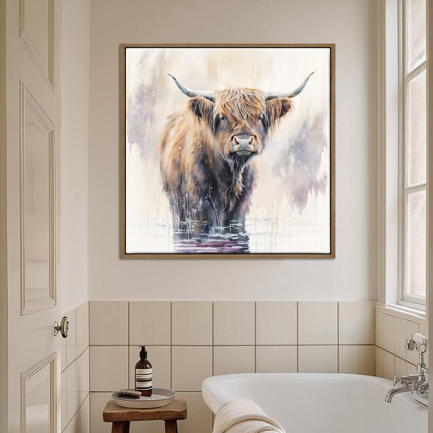 wall art light oak frame canvas,a yak standing in water,bathroom decor