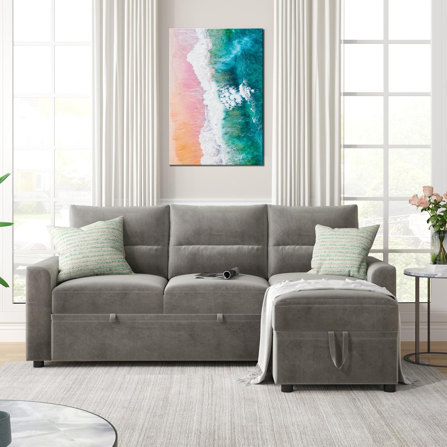 wall art canvas in the living room depicts pink beach