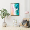 light oak color frame wall art canvas depicts pink sand beach and white waves