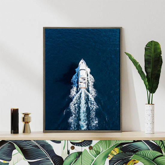 coffee canvas wall art canvas depicts a white yacht sails on the deep blue sea