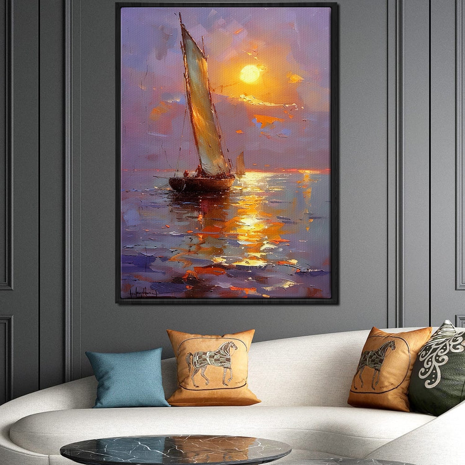 black frame sea sailing boat wall art painting in the living room