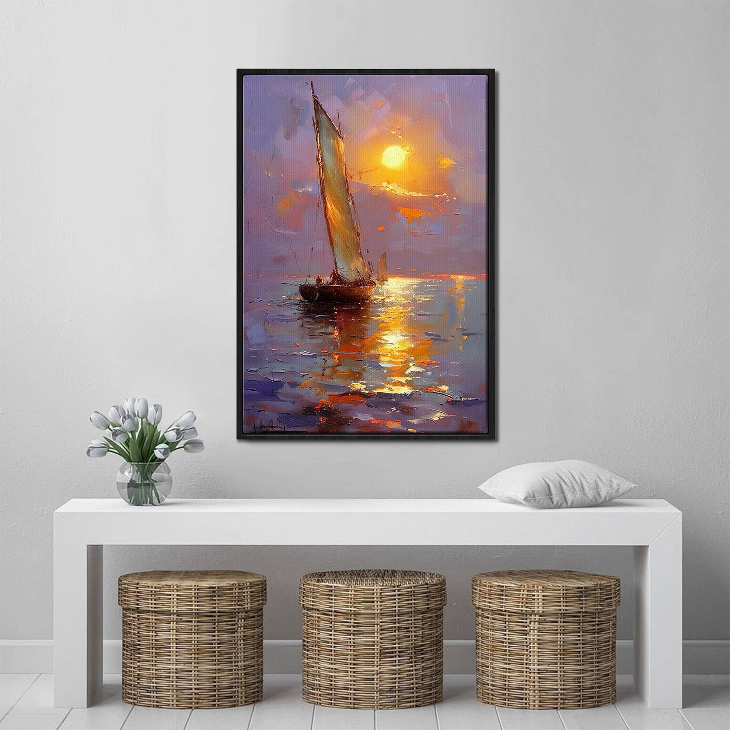 black frame sea sailing boat wall art painting above the table