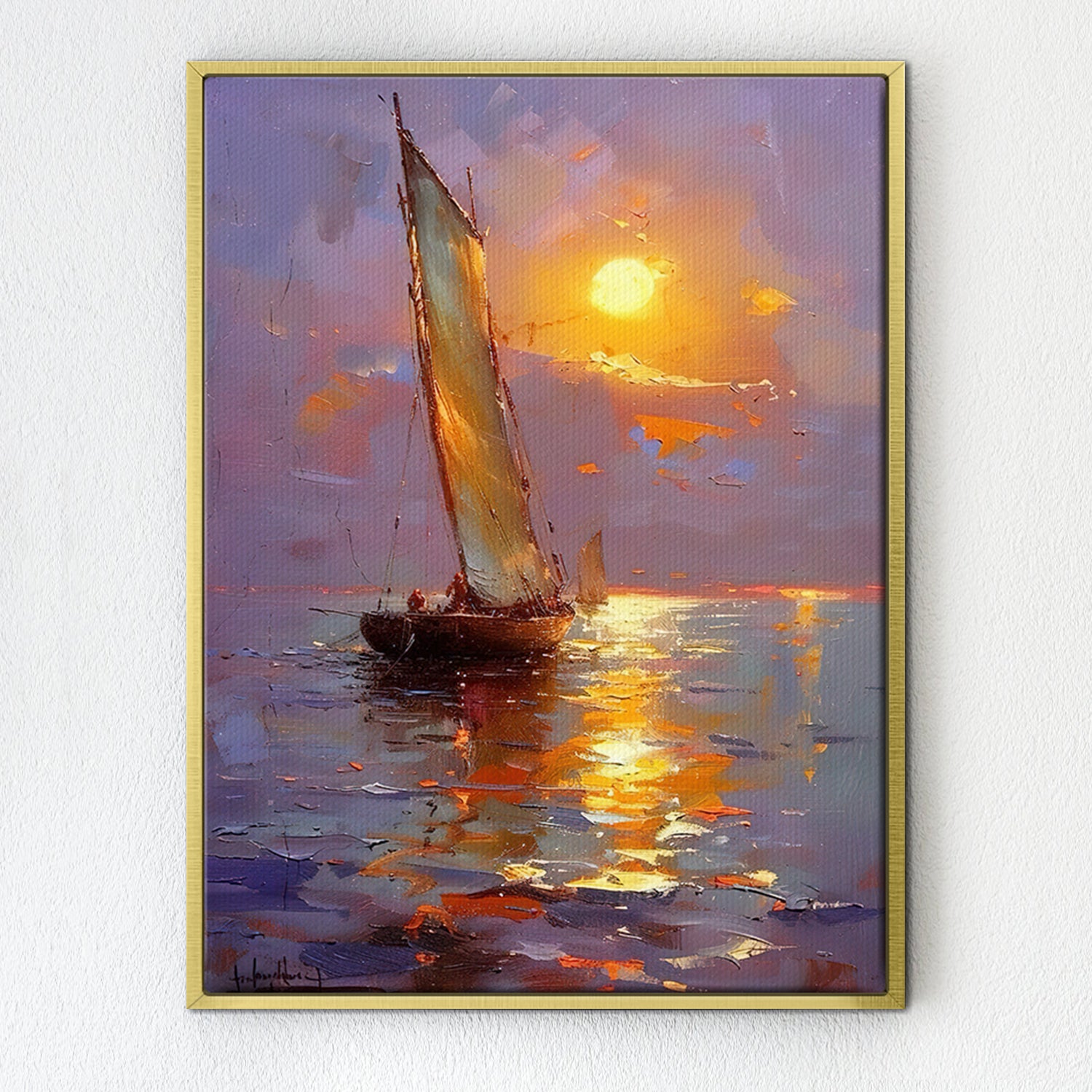 gold frame wall art canvas sailboat on the sea at sunset