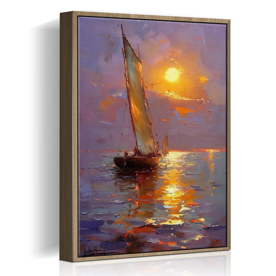 light oak color frame sailboat on the sea at sunset canvas print