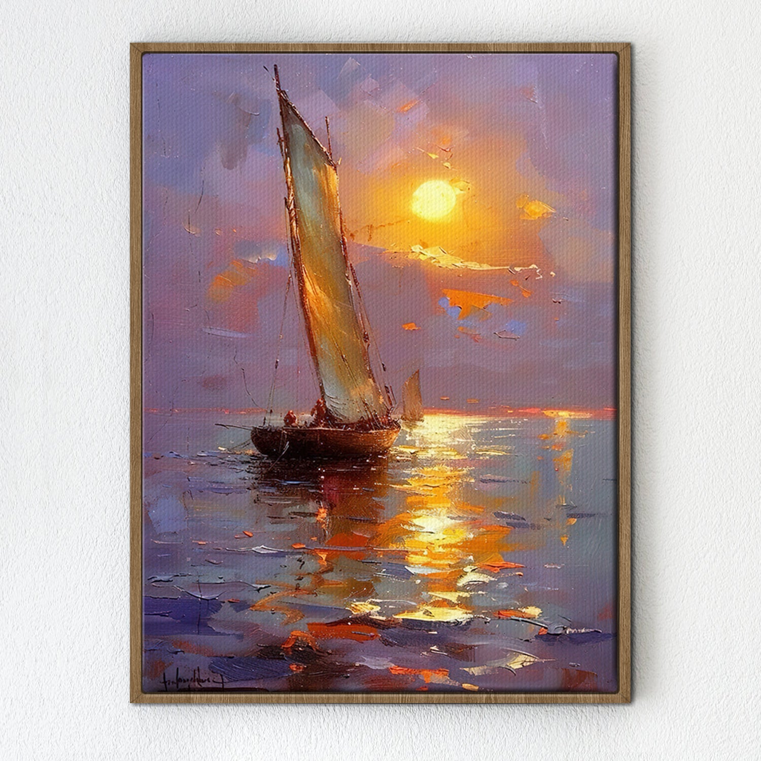 light oak color frame sailboat on the sea at sunset canvas print